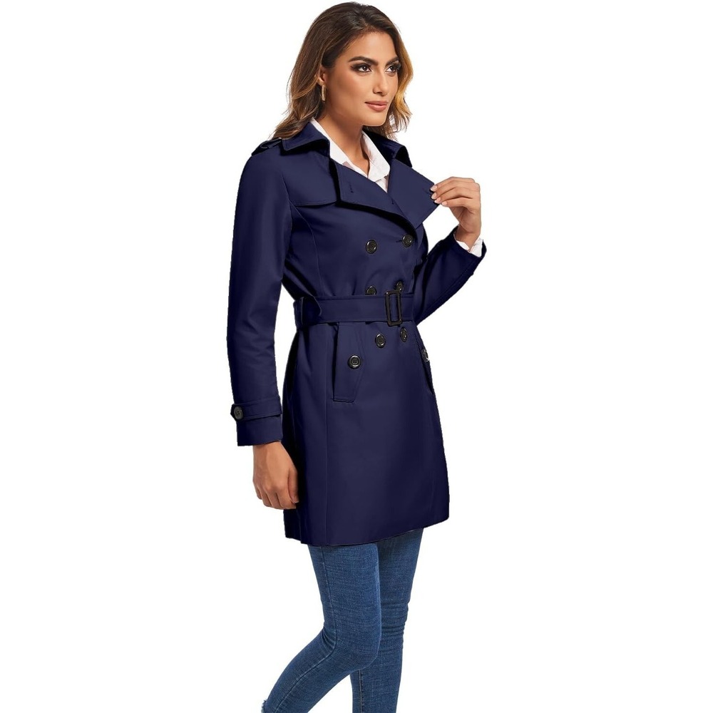 FARVALUE Womens Double Breasted Lapel Trench Coat Water Resistant Belted Navy M - Picture 2 of 3